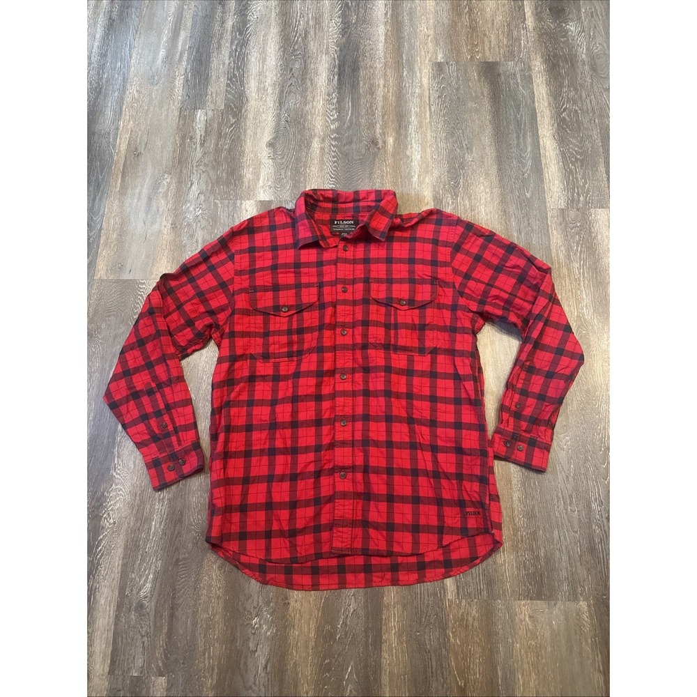 Filson Men's Large Red Black Buffalo Plaid Flannel Shirt Button Up Outdoor